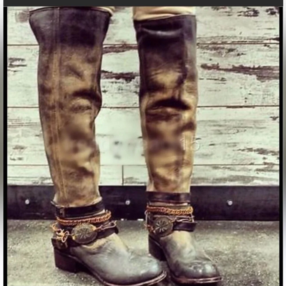 Freebird Aspen Chain Brown Leather Tall Knee High Zippered western Boots - Picture 1 of 6